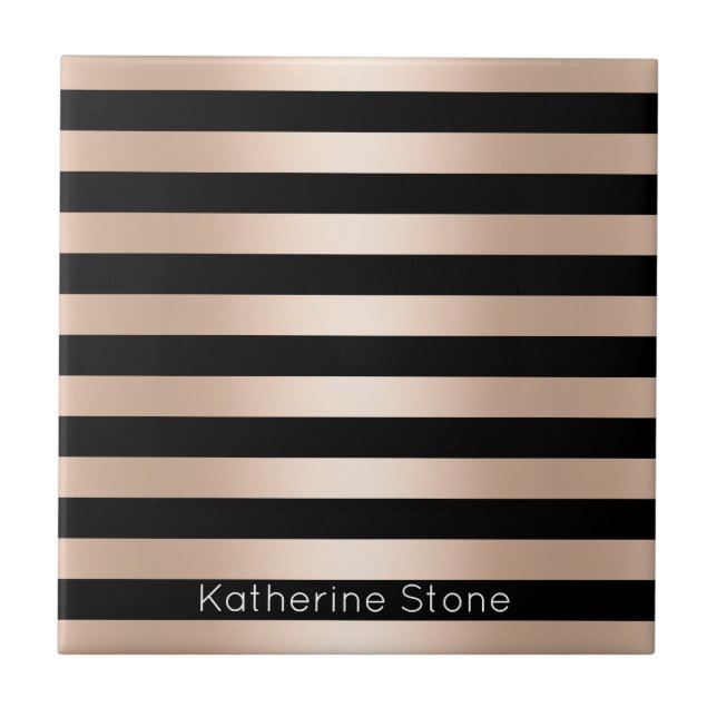 Elegant modern chick rose gold black striped ceramic tile (Front)