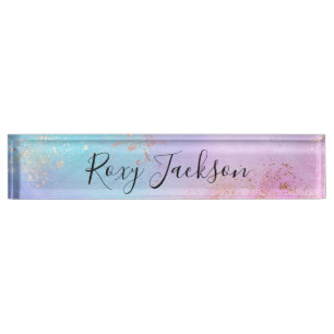 Elegant modern chick rose gold watercolor colorful desk name plate