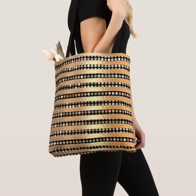 Elegant modern chick Stylish golden Black stripes  Tote Bag (Close Up)