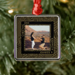 Elegant Modern Christmas Couples Photo Metal Ornament<br><div class="desc">Your favorite photo is featured on a square metal ornament with a gold lines and dots pattern on black. Personalized and upload your own image to create Christmas tree ornaments for yourself or give as a gift to family, friends, parents and grandparents! **TIP: We suggest you crop your photo to...</div>