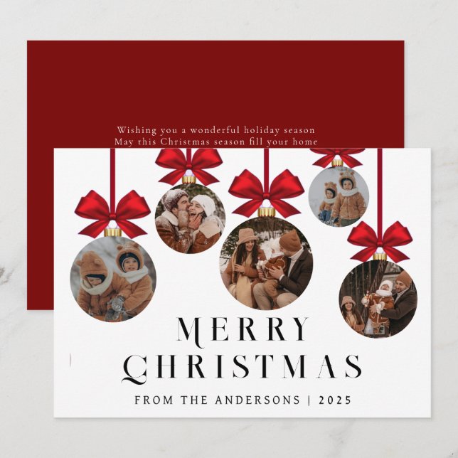 Elegant Modern Christmas Family 5 Ornament Photo Holiday Card (Front/Back)
