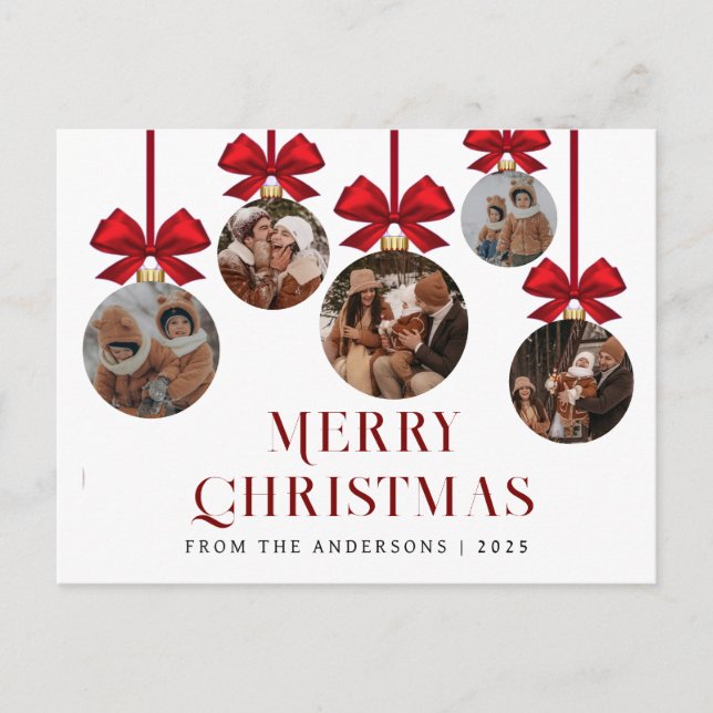 Elegant Modern Christmas Family 5 Ornament Photo Holiday Postcard (Front)