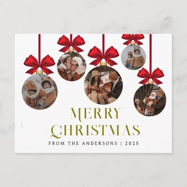 Elegant Modern Christmas Family 5 Ornament Photo Holiday Postcard (Front)