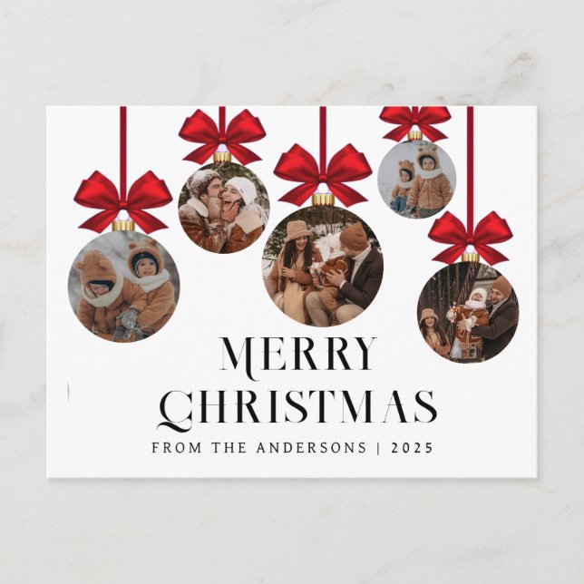 Elegant Modern Christmas Family 5 Ornament Photo Holiday Postcard (Front)