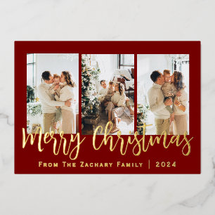 Elegant Modern Christmas Family Photo Collage  Foil Holiday Card