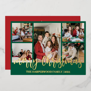 Elegant Modern Christmas Family Photo Collage Foil Holiday Card