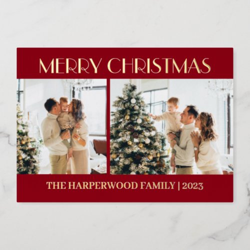 Elegant Modern Christmas Family Two Photo Foil Holiday Card