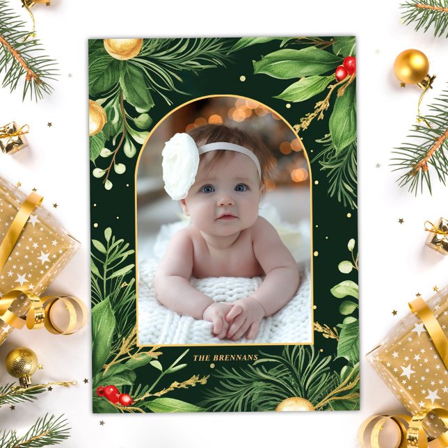 Elegant Modern Christmas Photo Botanical Greenery Holiday Card (Elegant Modern Christmas Photo Botanical Greenery Holiday Card)