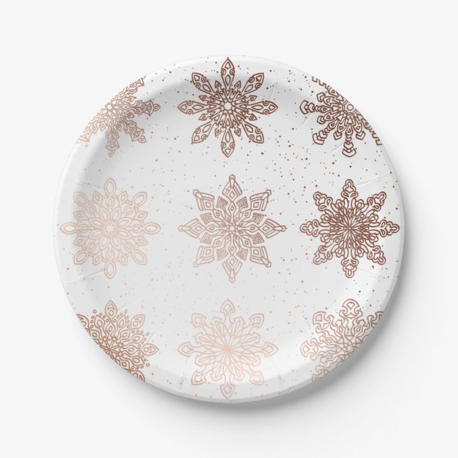 Elegant Modern Christmas | Rose Gold Snowflakes Paper Plates (Front)