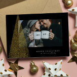 Elegant modern Christmas tree holiday photo card<br><div class="desc">With a modern tree of faux gold flurries on a black background,  this one-photo card is the perfect way to send holiday greetings. The message is customizable,  as is the background color. Great for families,  couples or anyone with sophisticated taste.</div>