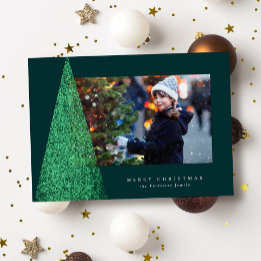 Elegant modern Christmas tree one photo green gold Foil Holiday Card