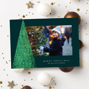 Elegant modern Christmas tree one photo green gold Foil Holiday Card