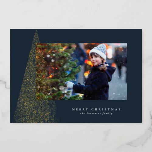 Elegant modern Christmas tree one photo navy gold Foil Holiday Card