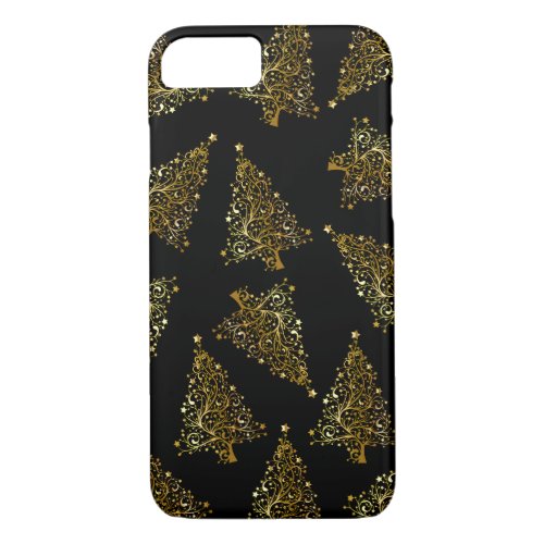 Elegant modern Christmas tree pattern black gold iPhone 87 Case