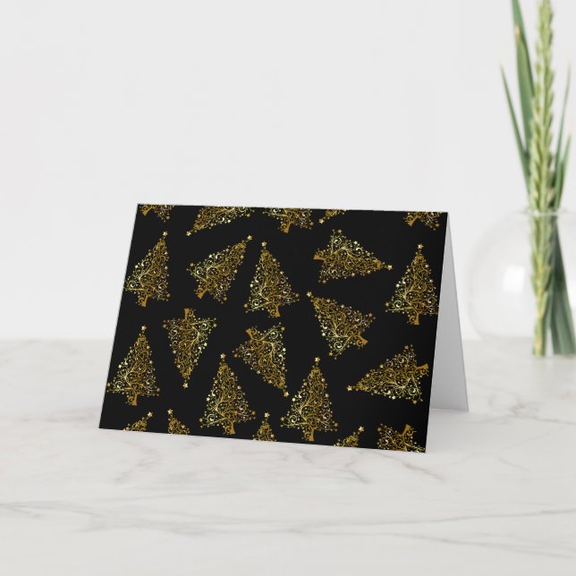 Elegant modern Christmas tree pattern black gold Holiday Card (Front)