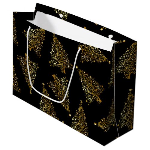 Elegant modern Christmas tree pattern black gold Large Gift Bag