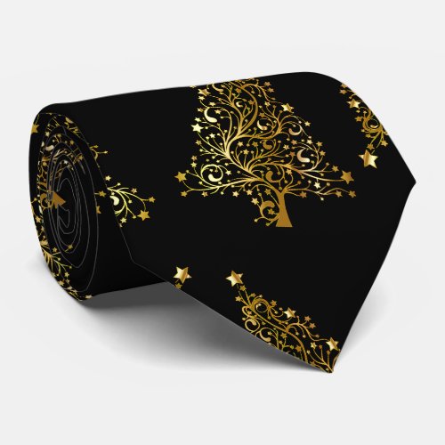 Elegant modern Christmas tree pattern black gold Neck Tie