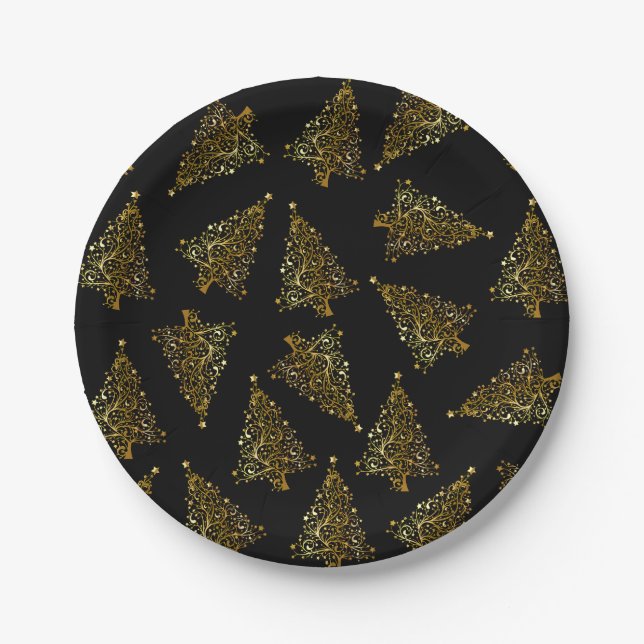 Elegant modern Christmas tree pattern black gold Paper Plates (Front)