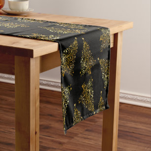 Elegant modern Christmas tree pattern black gold Short Table Runner