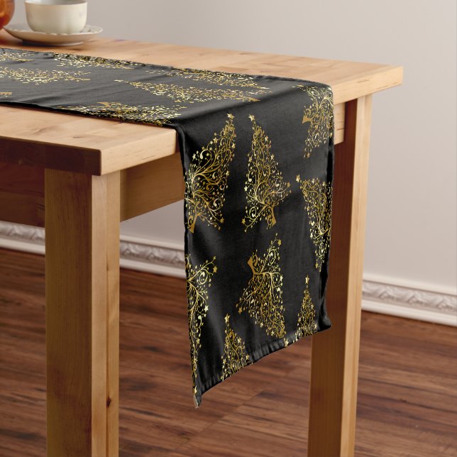 Elegant modern Christmas tree pattern black gold Short Table Runner (In Situ)