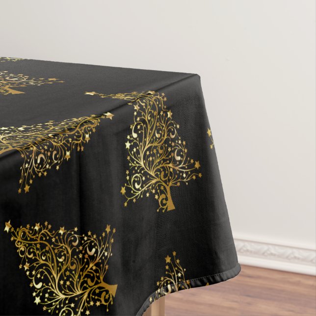 Elegant modern Christmas tree pattern black gold Tablecloth (In Situ)