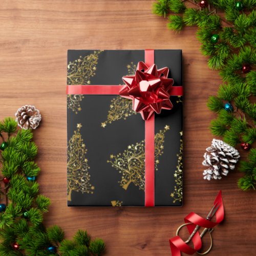 Elegant modern Christmas tree pattern black gold Wrapping Paper