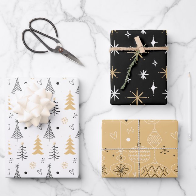 Elegant Modern Christmas Tree Pattern Black White Wrapping Paper Sheets (Front)