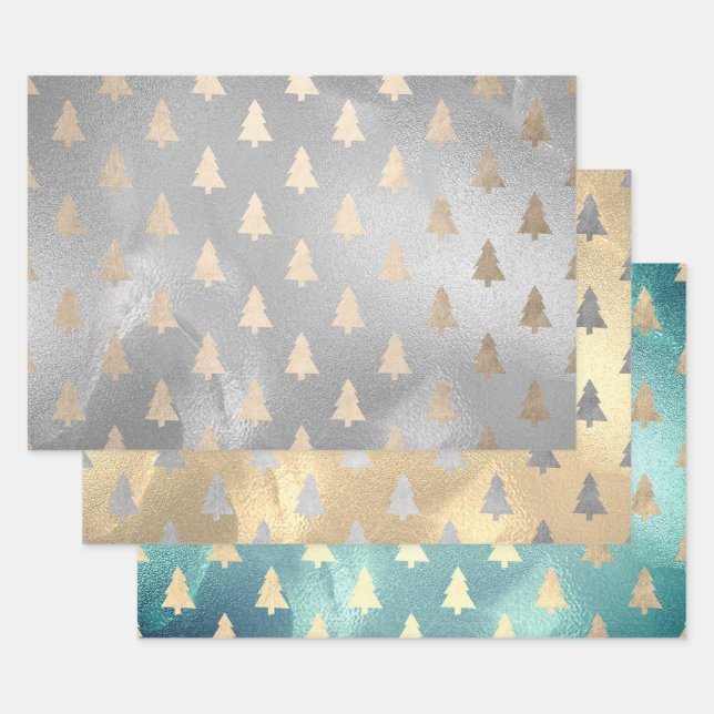 Elegant Modern Christmas Tree Patterns  Wrapping Paper Sheets (Set)