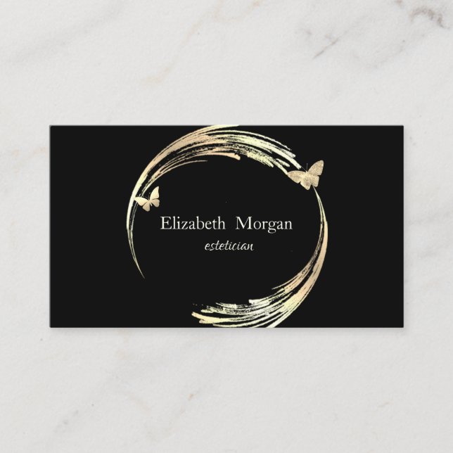 Elegant Modern Circle,Gold Butterfly Black Business Card (Front)