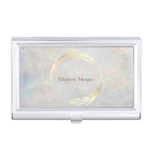 Elegant Modern Circle Gold White Opal Business Card Case