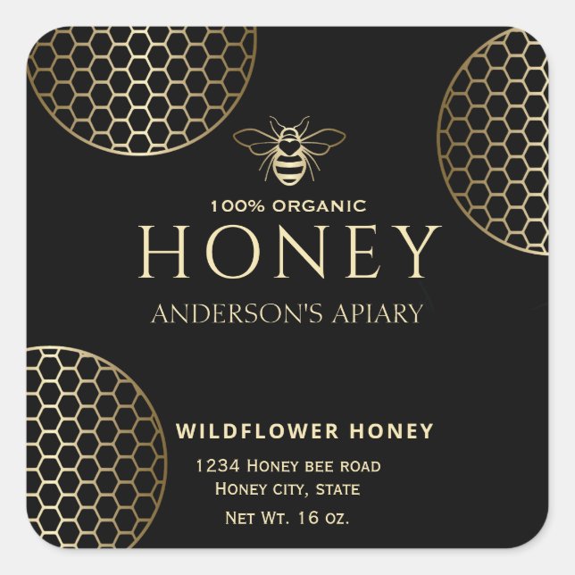 Elegant  Modern circles gold honey comb bee Square Sticker (Front)
