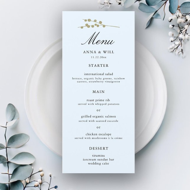 Elegant Modern Classic Ice Blue Winter Wedding Menu (ice blue winter wedding menu gold botanical elegant modern classic simple romantic classy feminine)