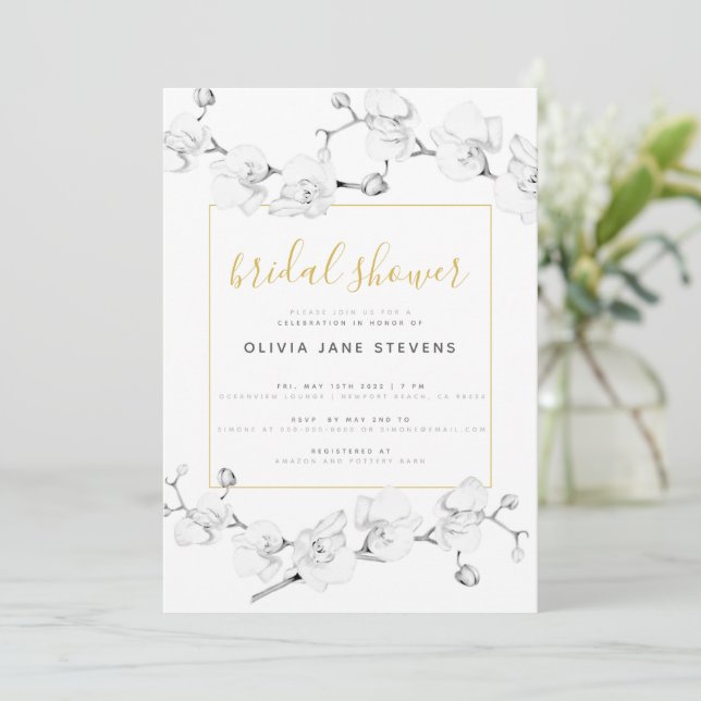 Elegant Modern Classic Ivory Orchids Bridal Shower Invitation (Standing Front)