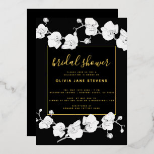 Elegant Modern Classic Orchids Black Bridal Shower Foil Invitation