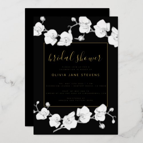 Elegant Modern Classic Orchids Black Bridal Shower Foil Invitation