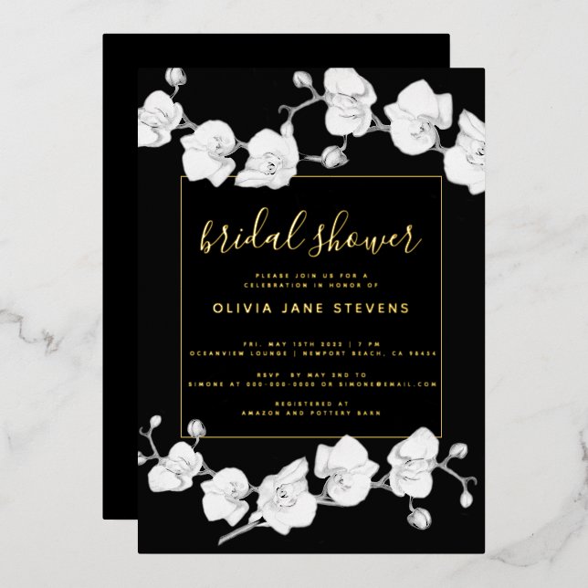 Elegant Modern Classic Orchids Black Bridal Shower Foil Invitation (Front/Back)