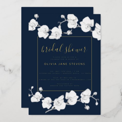 Elegant Modern Classic Orchids Navy Bridal Shower Foil Invitation