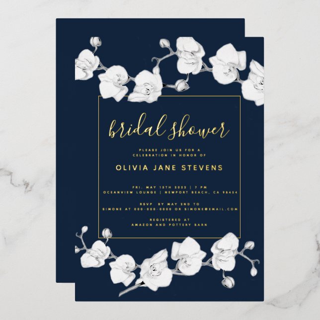 Elegant Modern Classic Orchids Navy Bridal Shower Foil Invitation (Front/Back)