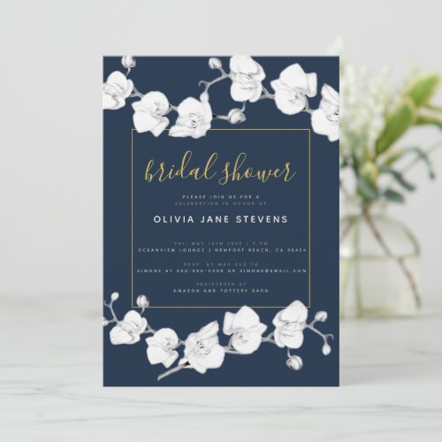 Elegant Modern Classic Orchids Navy Bridal Shower Invitation