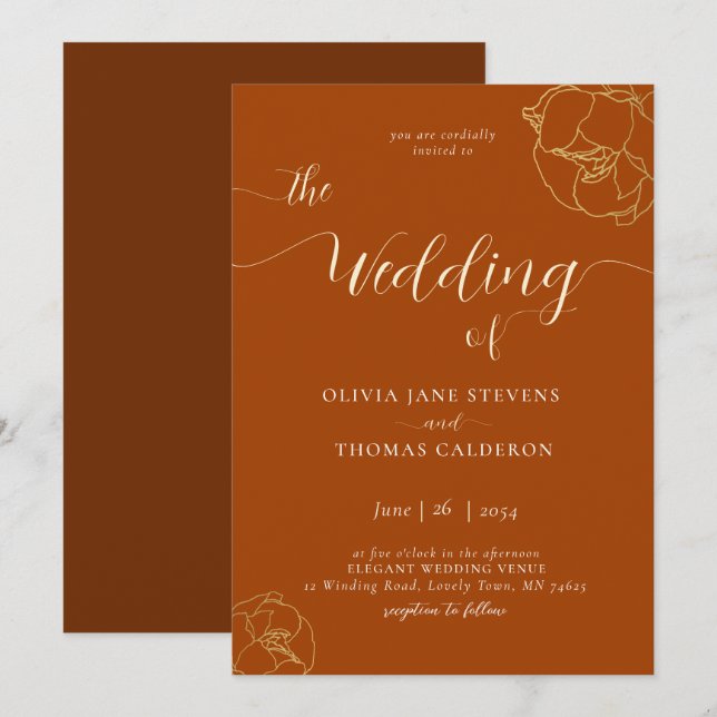 Elegant Modern Classic Rust Brown Floral Wedding Invitation (Front/Back)