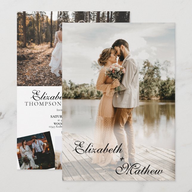 Elegant Modern Classic Script 5 Photo Wedding Invitation (Front/Back)