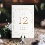 Elegant modern classic vintage wedding table card<br><div class="desc">Vintage elegance delicate filigree ornate swirl design with monogram in gold color on editable white background, modern, elegant and classy, perfect for vintage wedding, art deco wedding all year round. Editable background color to match your wedding theme colors. Custom your own table number card add a personal touch to your...</div>