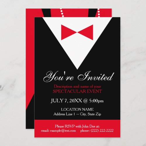 Elegant Modern Classy Formal Black Red Tuxedo Invitation