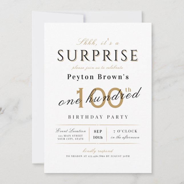 Elegant modern classy surprise 100th birthday invitation (Front)