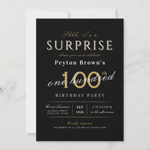 Elegant modern classy surprise 100th birthday invitation