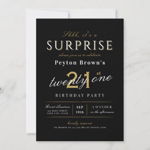 Elegant modern classy surprise 21st birthday invit invitation
