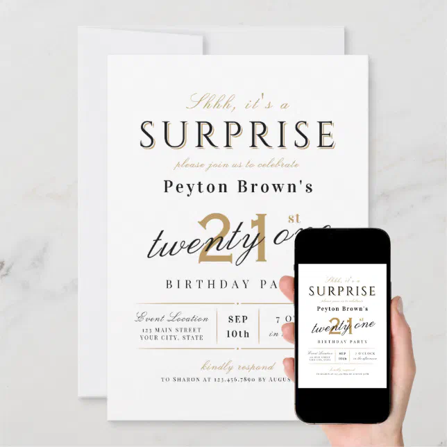 Elegant modern classy surprise 21st birthday invitation | Zazzle