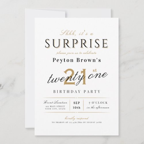 Elegant modern classy surprise 21st birthday invitation