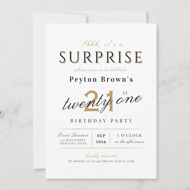 Elegant modern classy surprise 21st birthday invitation (Front)