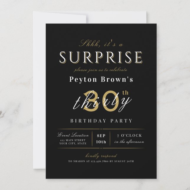 Elegant modern classy surprise 30th birthday invit invitation (Front)